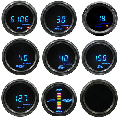 Car Digital Gauge 52mm Turbo Boost PSI BAR Oil Pressure Oil Water Temp Gauge Voltmeter Tachometer RPM Meter With Warning Light