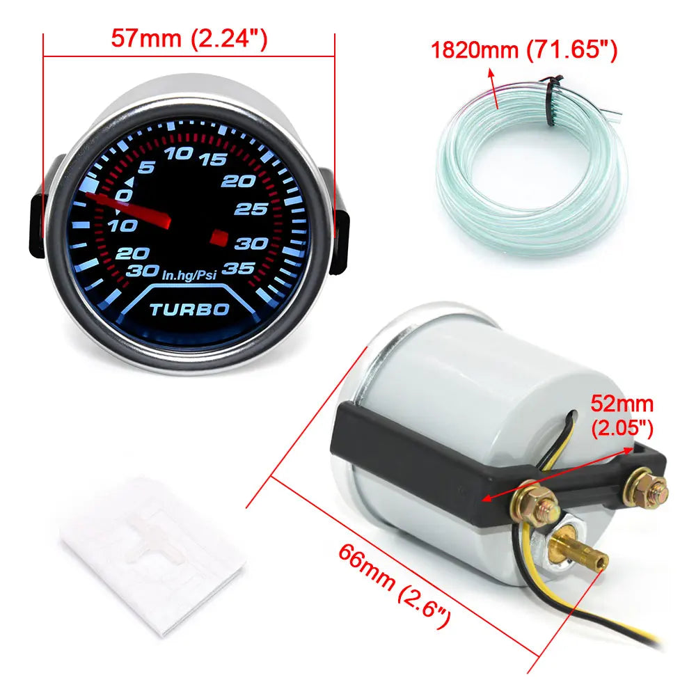 2" 52mm Universal 12V LED Smoke Len -1~0~2 BAR Turbo Boost Gauge Meter / Turbo Boost Meter with White LED Backlight For 12V Car