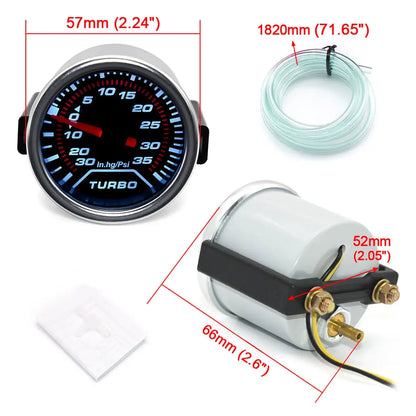 2" 52mm Universal 12V LED Smoke Len -1~0~2 BAR Turbo Boost Gauge Meter / Turbo Boost Meter with White LED Backlight For 12V Car