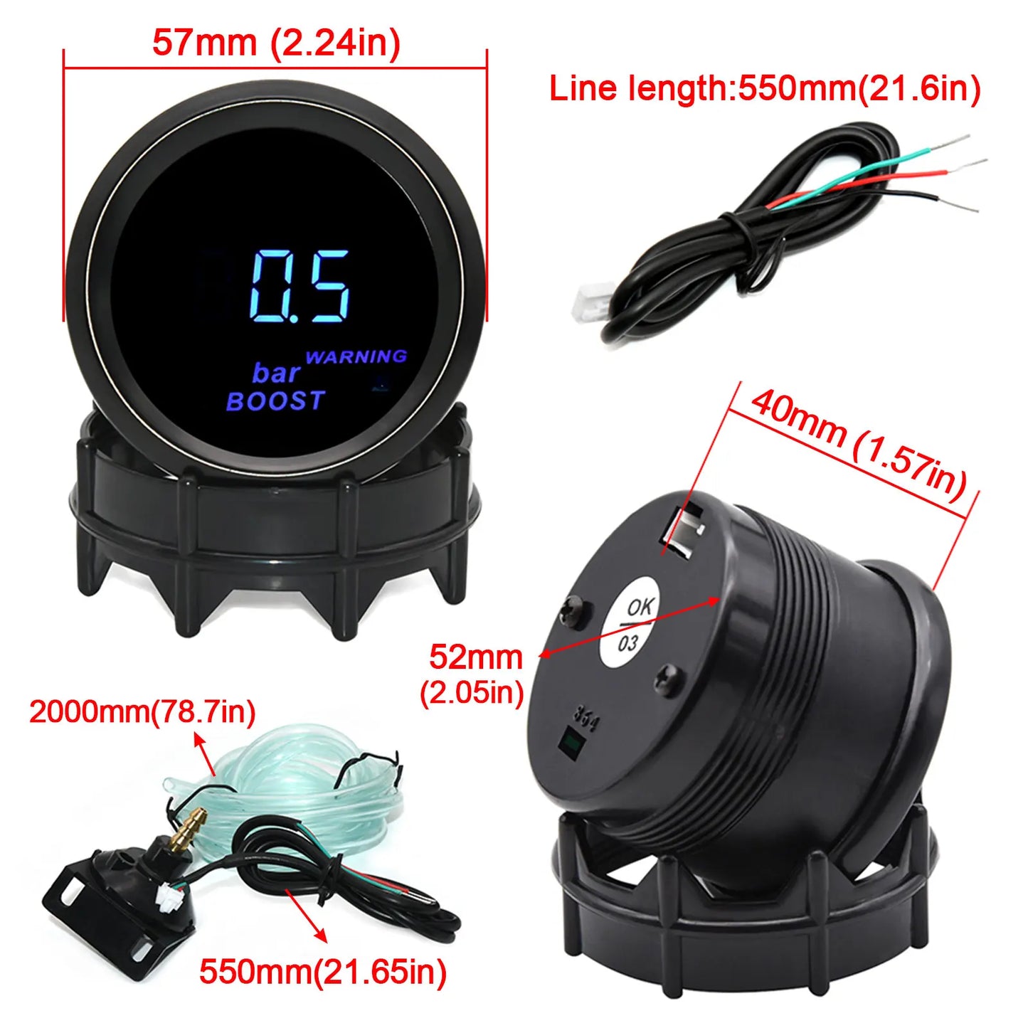 Car Digital Gauge 52mm Turbo Boost PSI BAR Oil Pressure Oil Water Temp Gauge Voltmeter Tachometer RPM Meter With Warning Light