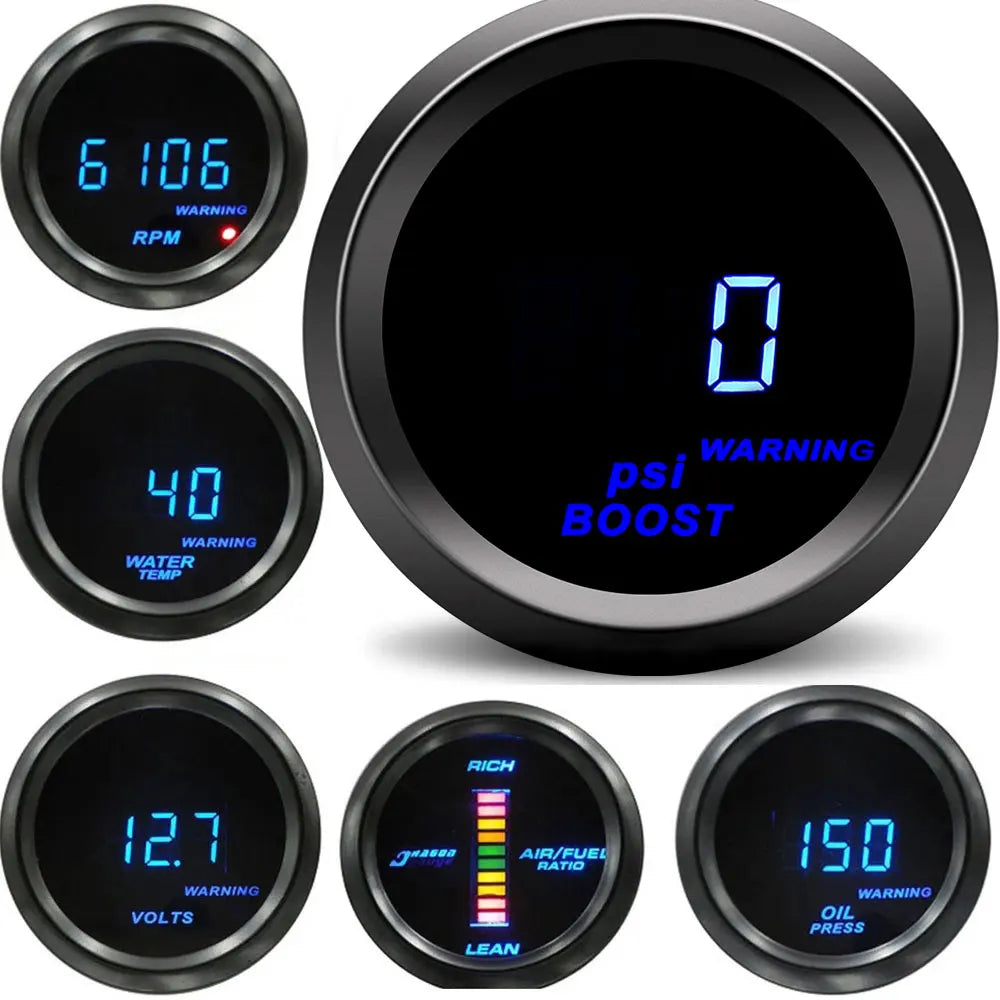 Car Digital Gauge 52mm Turbo Boost PSI BAR Oil Pressure Oil Water Temp Gauge Voltmeter Tachometer RPM Meter With Warning Light